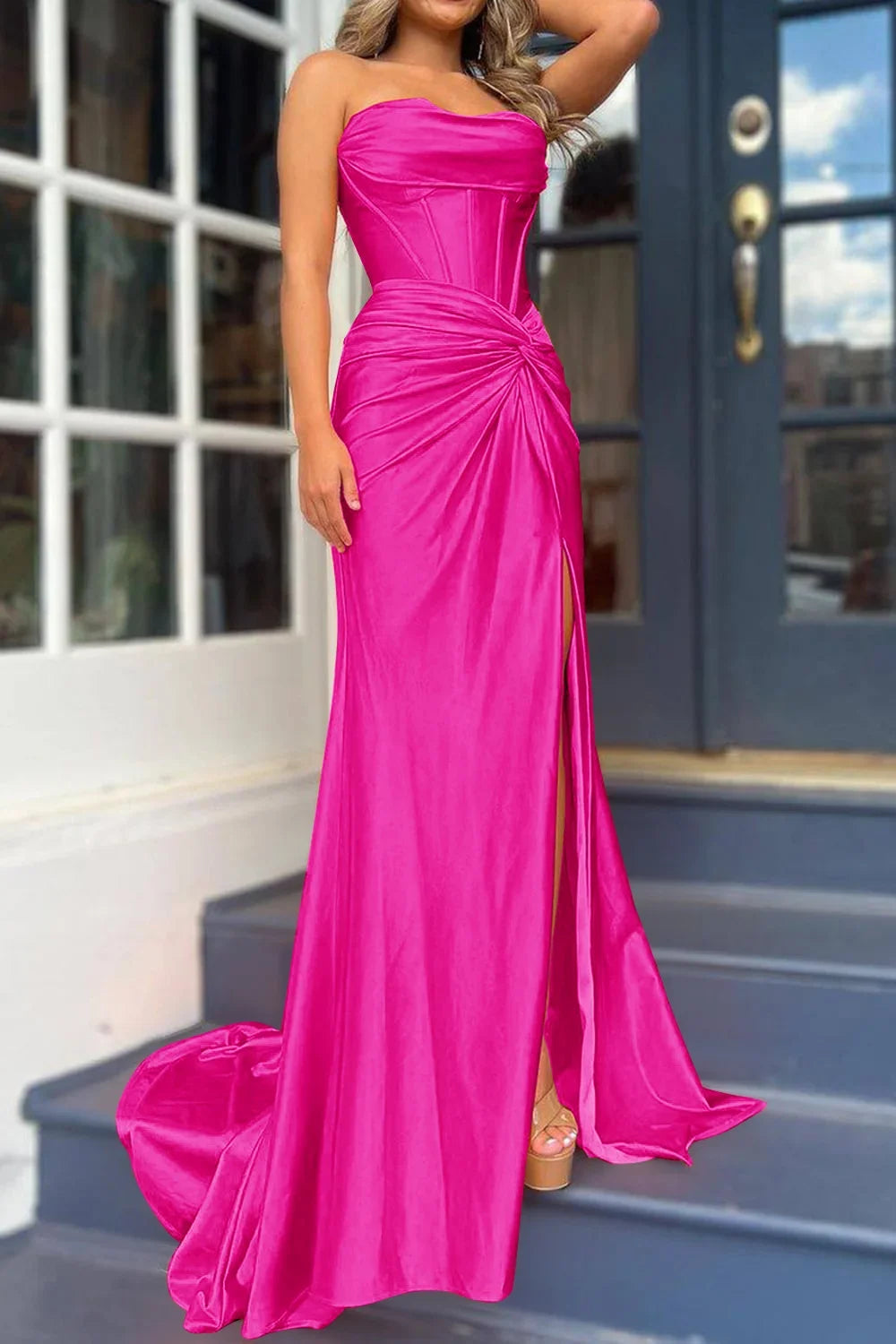 Nadia |Mermaid Strapless Satin Long Prom Dress With Slit