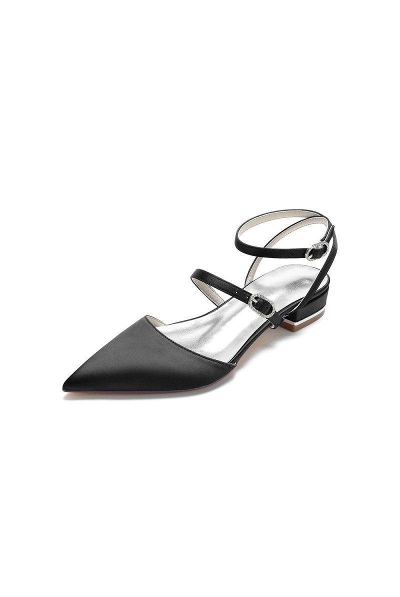 Simple Satin Pointed Toe Buckle Kitten Heels - KissProm