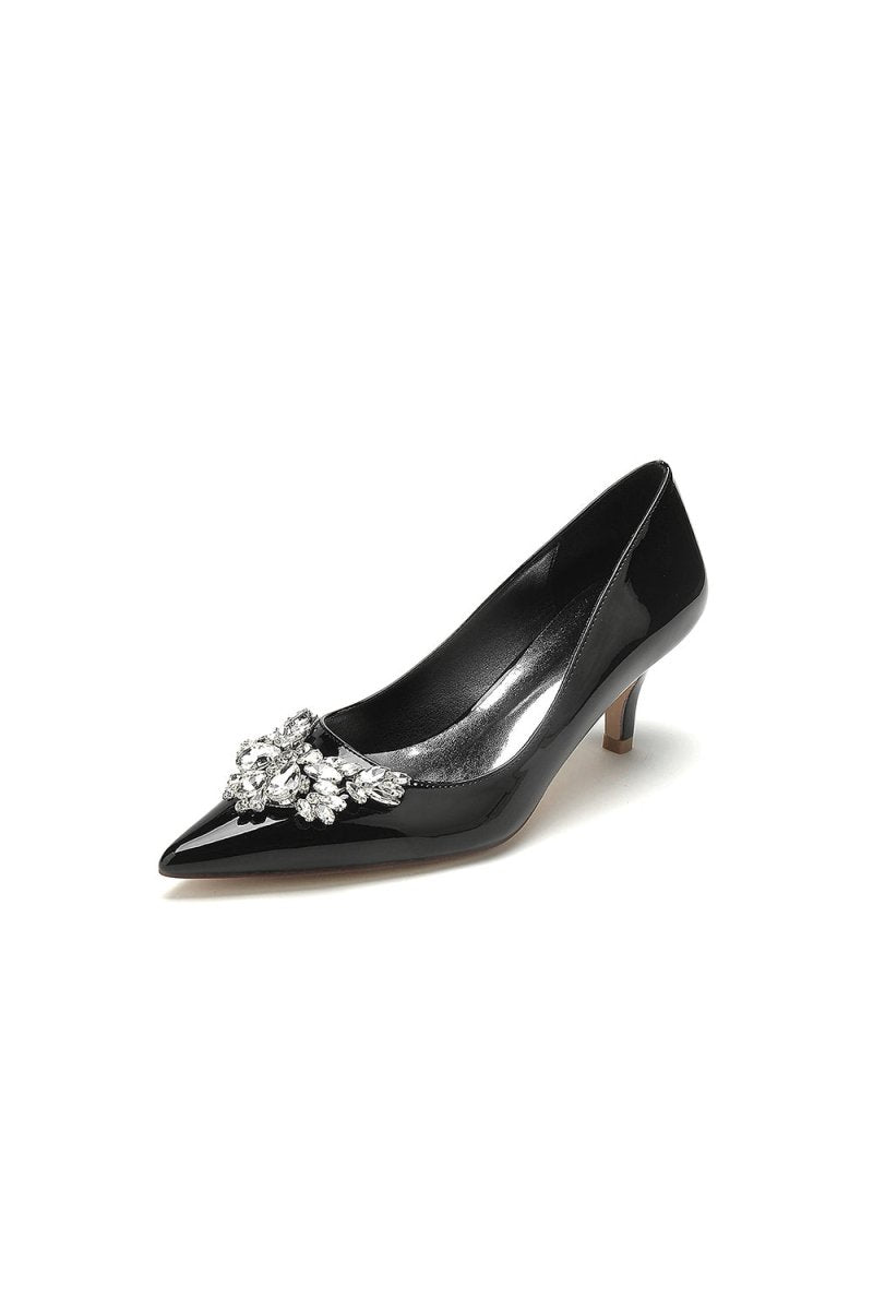 Black Elegant Low - Heel Shoes with Crystal Embellishment - KissProm