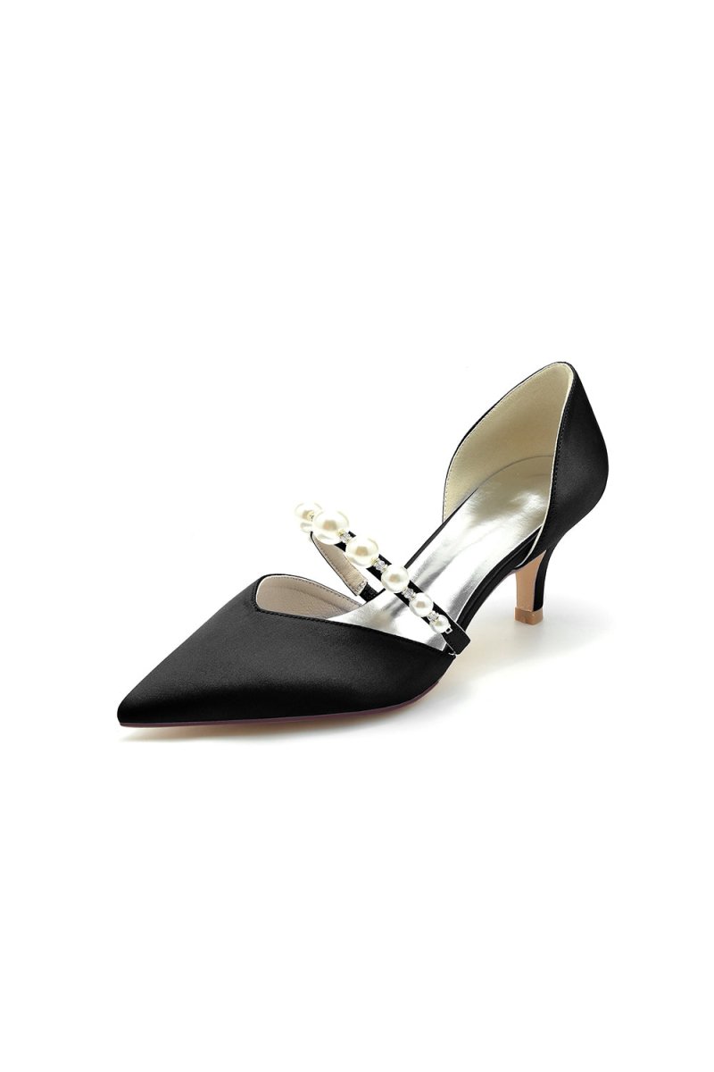 Elegant Satin Pointed Toe Heels with Pearl Strap - KissProm