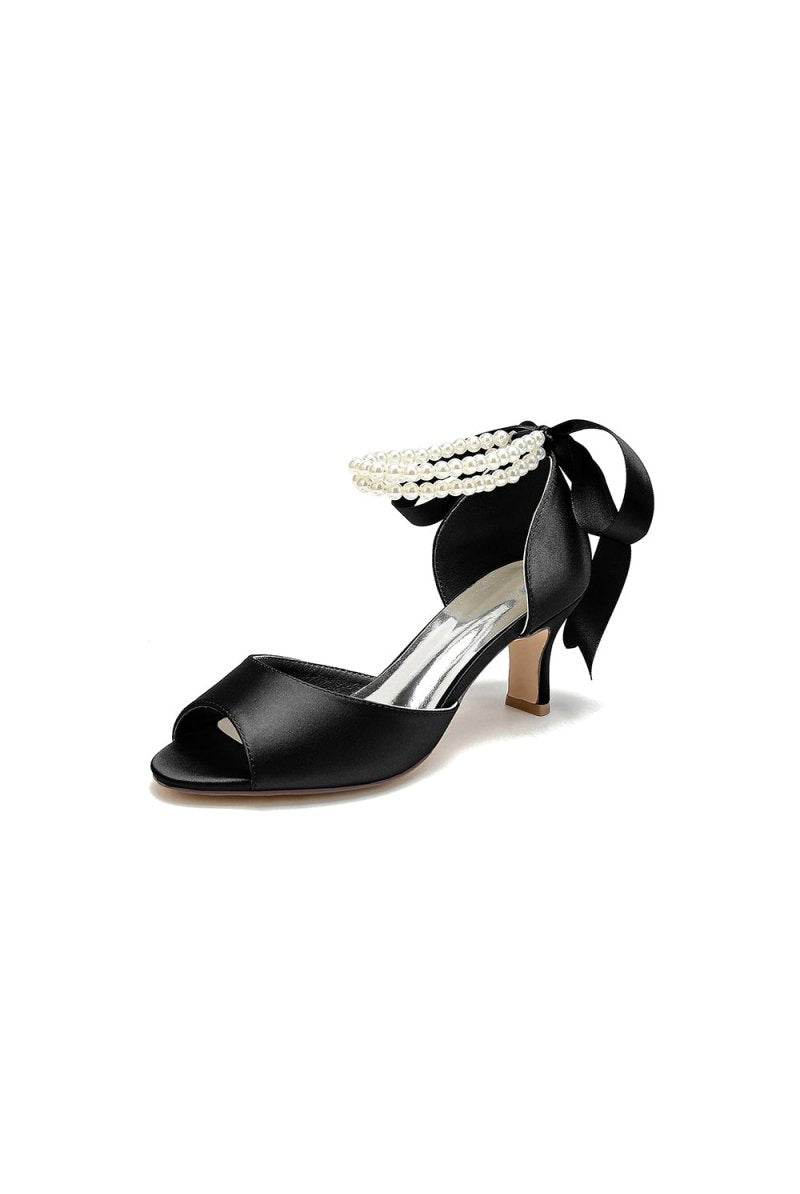 Chic White Satin Heels Featuring a Pearl-Embellished Bow