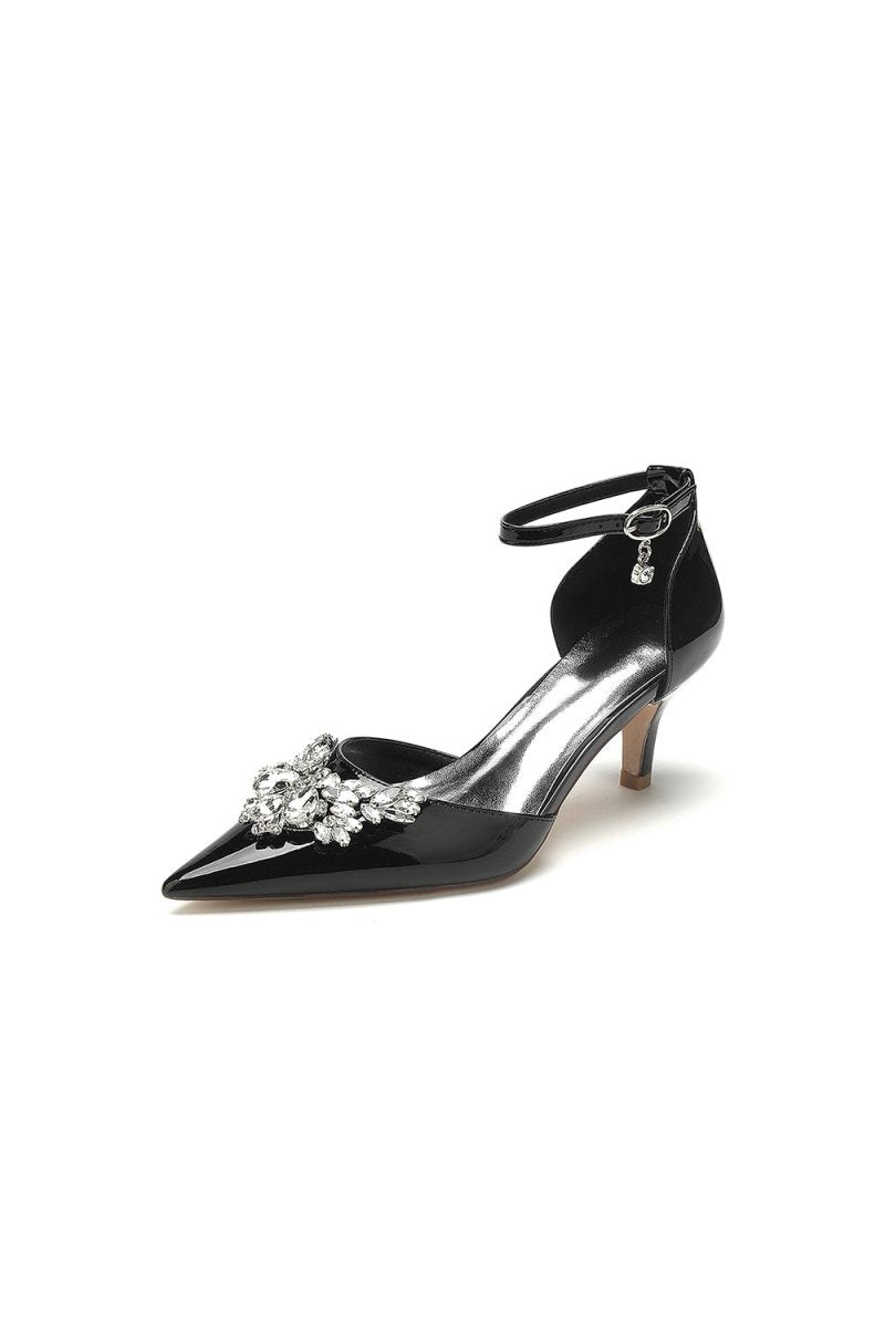 Elegant Black Patent Leather High Heels with Large Crystal Embellishment - KissProm