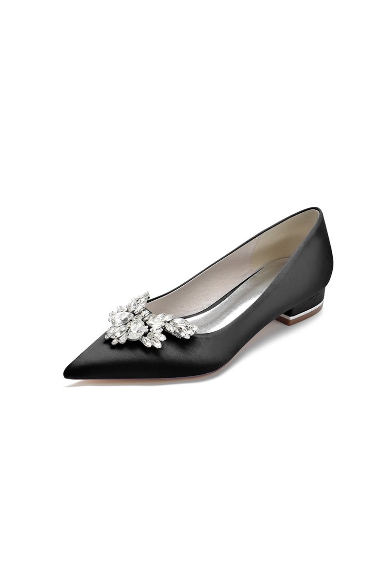 Satin Pointed Toe Rhinestone Kitten Heels - KissProm