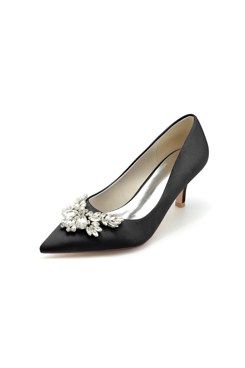 Rhinestone Pointed Toe Satin Kitten Heels - KissProm