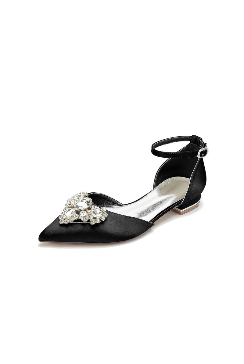 Satin Pointed Toe Ankle Strap Rhinestone Kitten Heels - KissProm