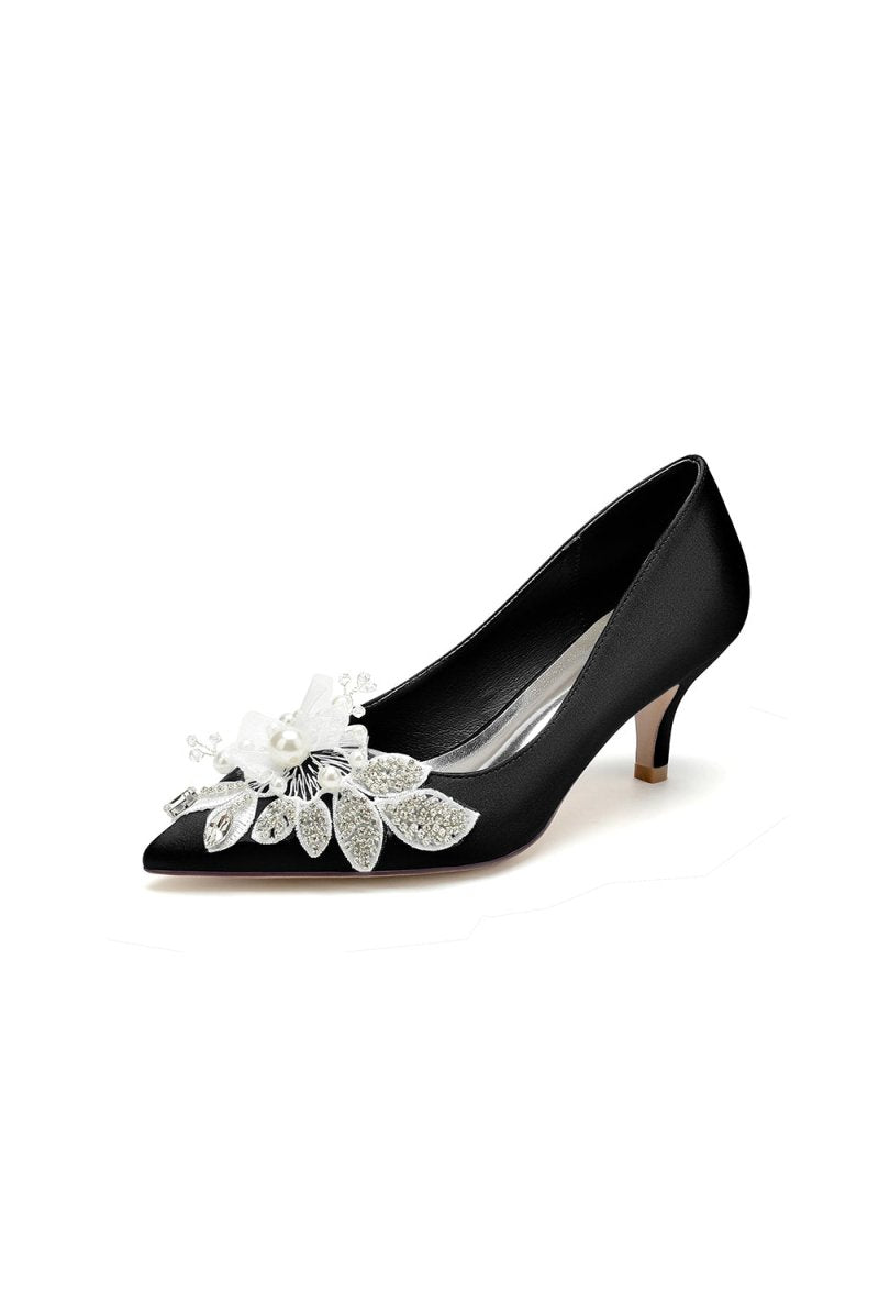 Floral Beading Pointed Toe Satin Kitten Heels - KissProm