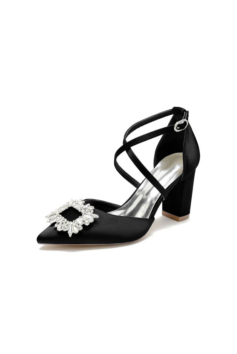 White Satin Pump with Crystal - Embellished Cross - Strap - KissProm