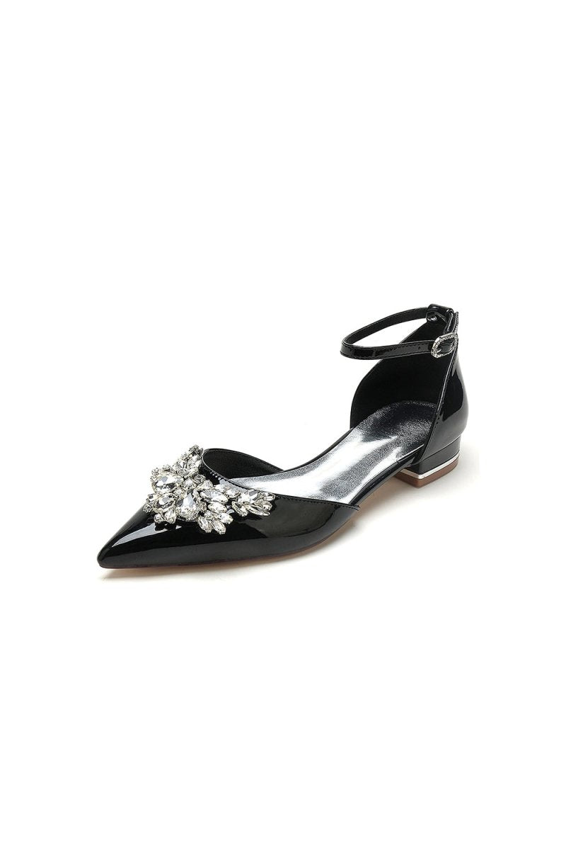Pointed Toe Patent Leather Flats with Crystal Embellishment - KissProm