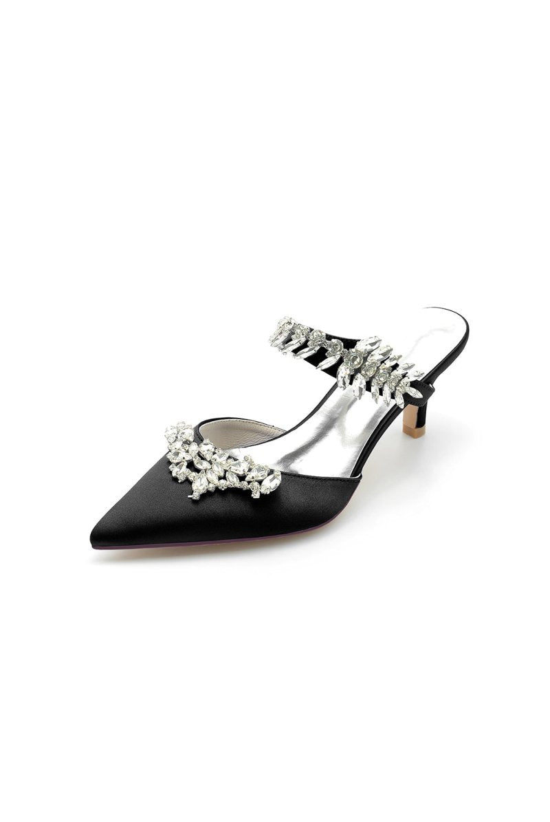 Satin Pointed Toe Mules with Crystal Rhinestone - KissProm