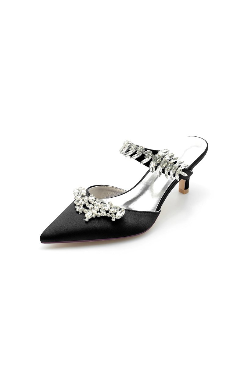 Satin Pointed Toe Mules with Crystal Rhinestone - KissProm