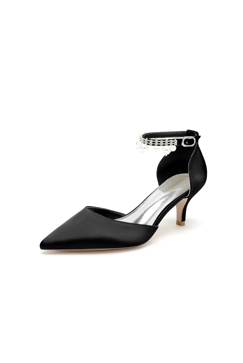 Pointed Toe Pearl Strap Kitten Heels - KissProm