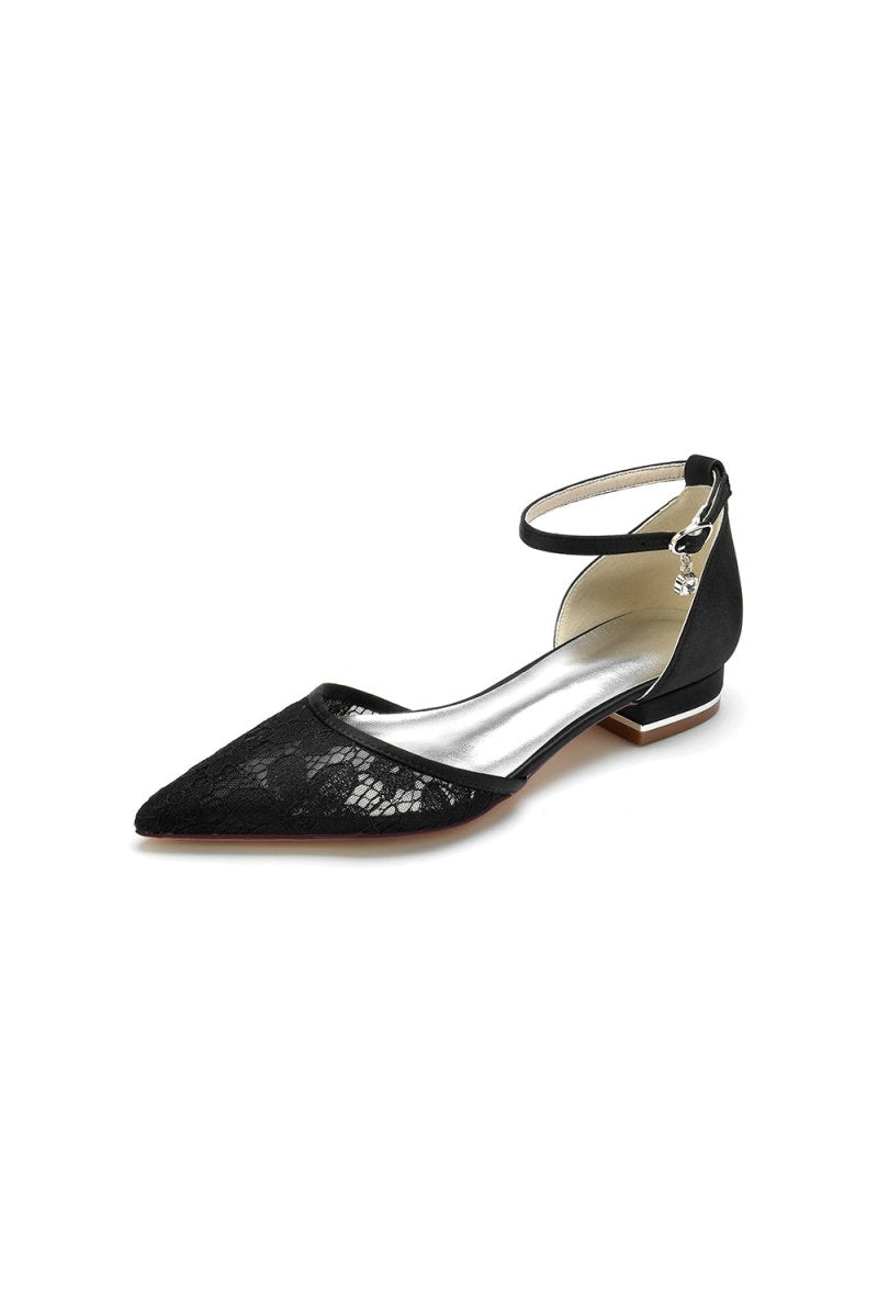 Lace Pointed Toe Ankle Strap Kitten Heels - KissProm