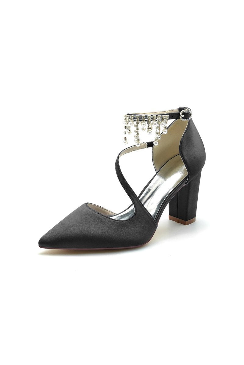 White Satin Pump with Pearl - Embedded Chain Heel - KissProm