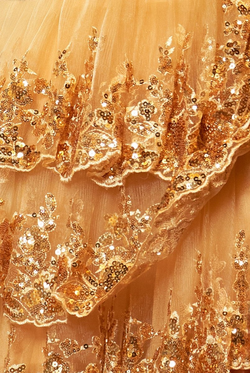 Gold Princess A Line Off the Shoulder Corset Prom Dress with Lace Ruffles - KissProm