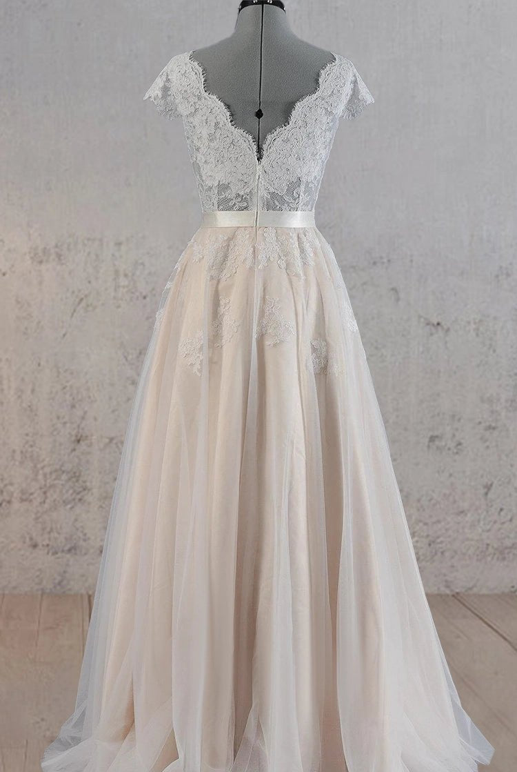 Cap Sleeve V-Neck Lace Wedding Dress With Tulle Skirt and V-Back