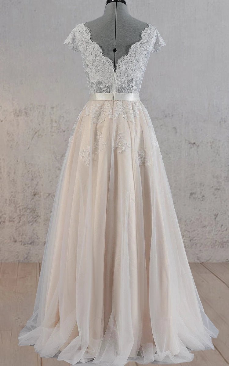 Cap Sleeve V-Neck Lace Wedding Dress With Tulle Skirt and V-Back