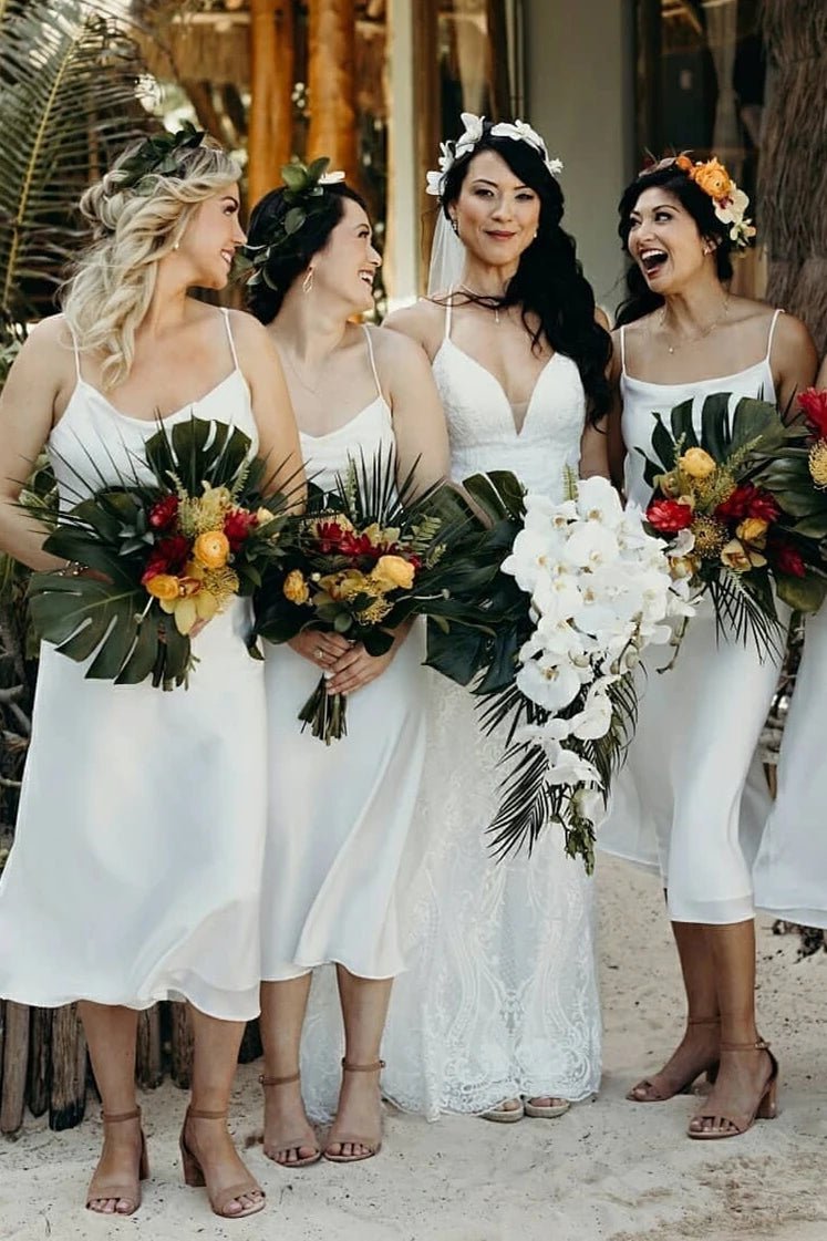 Spaghetti Straps Tea-Length White Chiffon Bridesmaid Dress White / 12 Spaghetti Straps Tea-Length White Chiffon Bridesmaid Dress White / 12