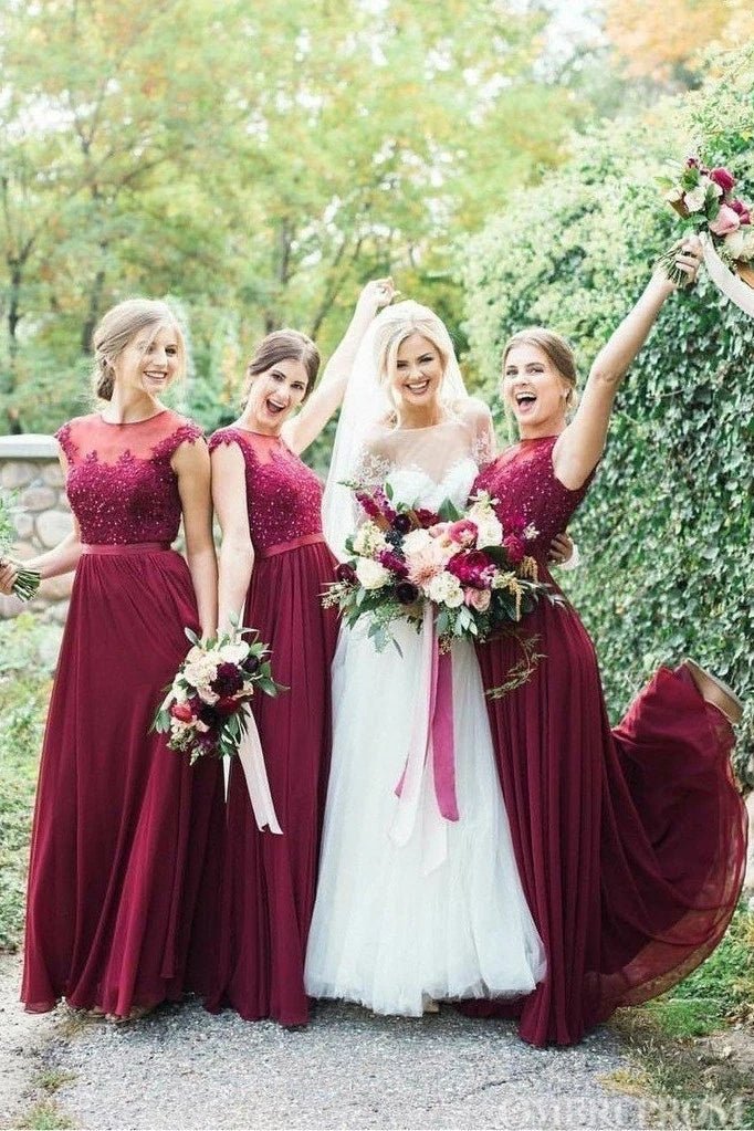 Round Neck Tulle Floor Length Burgundy Bridesmaid Dress