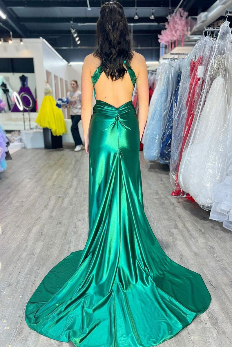 KissProm-Romi Mermaid Halter Dark Green Satin Long Prom Dresses with Beads