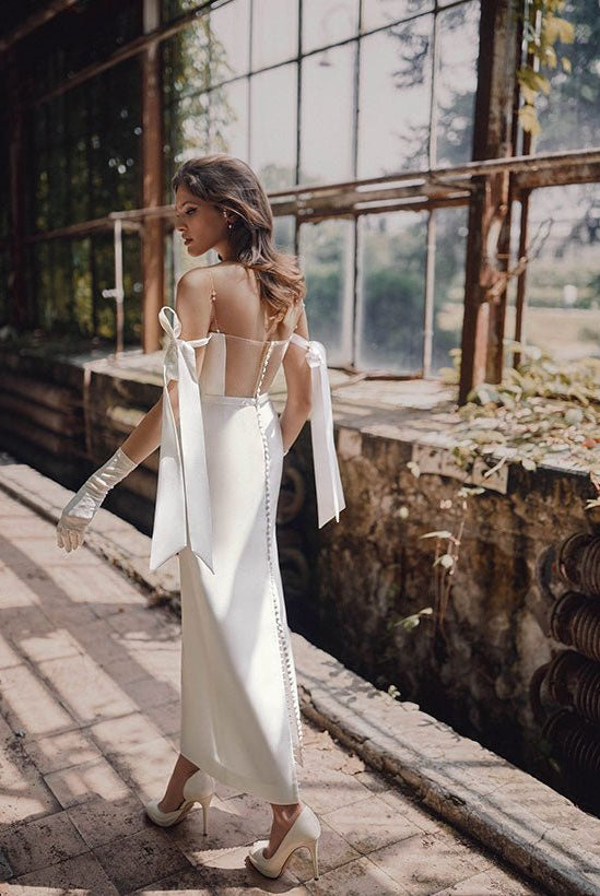 Simple Sheath Off-The-Shoulder Ankle-Length Satin Wedding Dresses