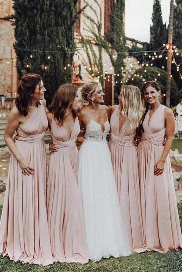 Elegant Light Pink Chiffon Floor Length Long Bridesmaid Dress