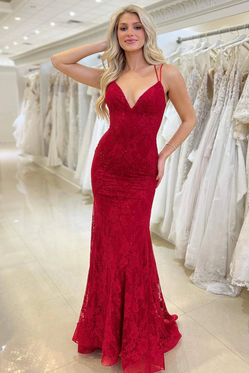 Elsa| Red Lace V Neck Mermaid Prom Dress