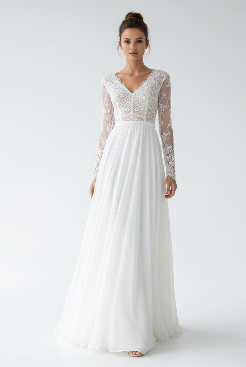 Romantic Modern A Line Floor - length Chiffon Lace V - neck Long Sleeve Wedding Dress - KissProm