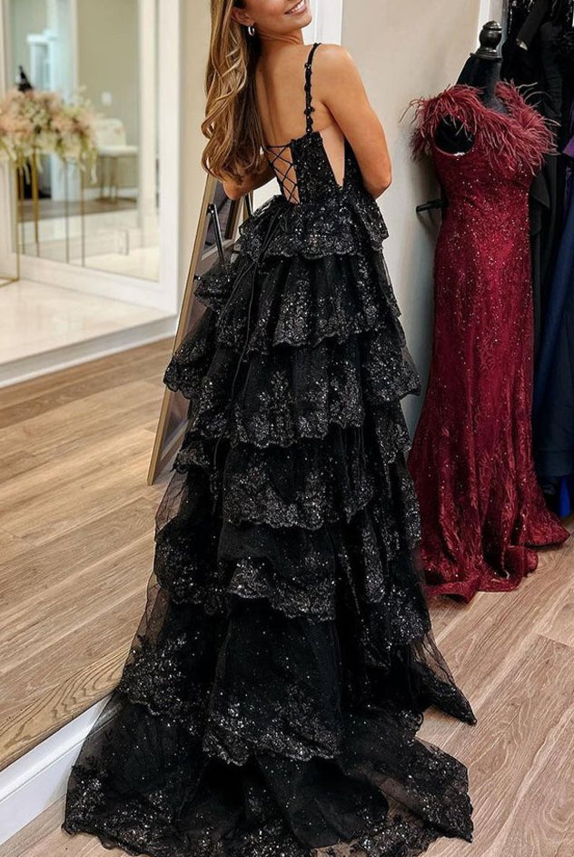 Martha | Straps Fuchsia Sequin Layered Formal Dress with Slit