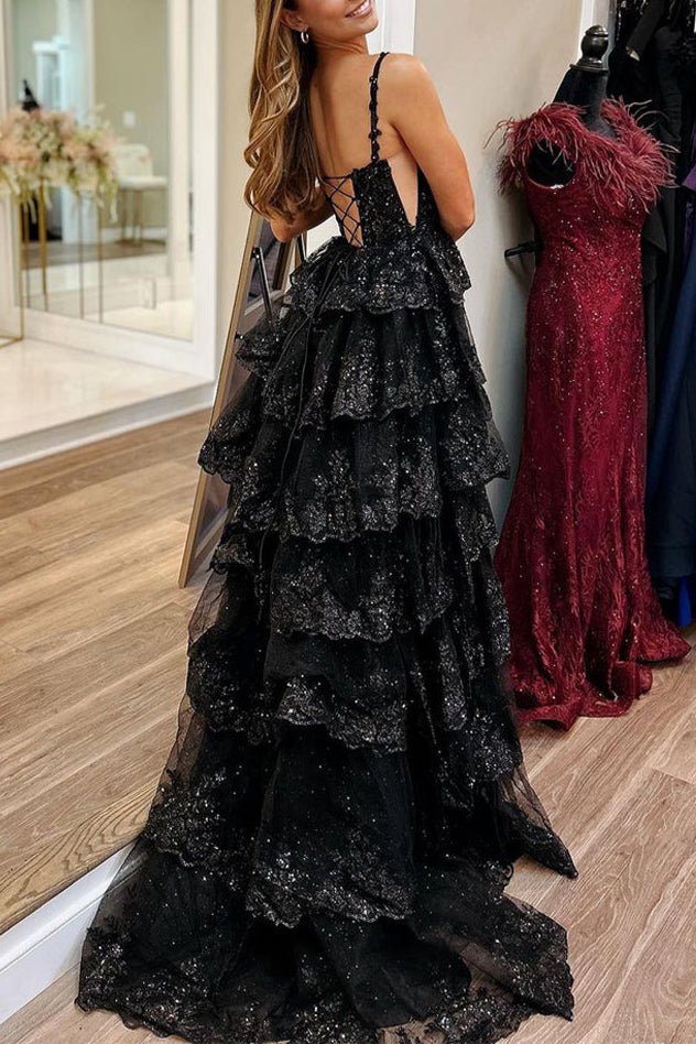 Martha | Straps Fuchsia Sequin Layered Formal Dress with Slit