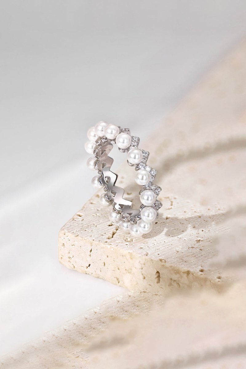 925 Sterling Silver Full Pearl 5A Cubic Zirconia Crown Shaped Ring - KissProm