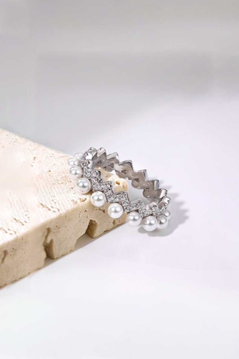 925 Sterling Silver Full Pearl 5A Cubic Zirconia Crown Shaped Ring - KissProm