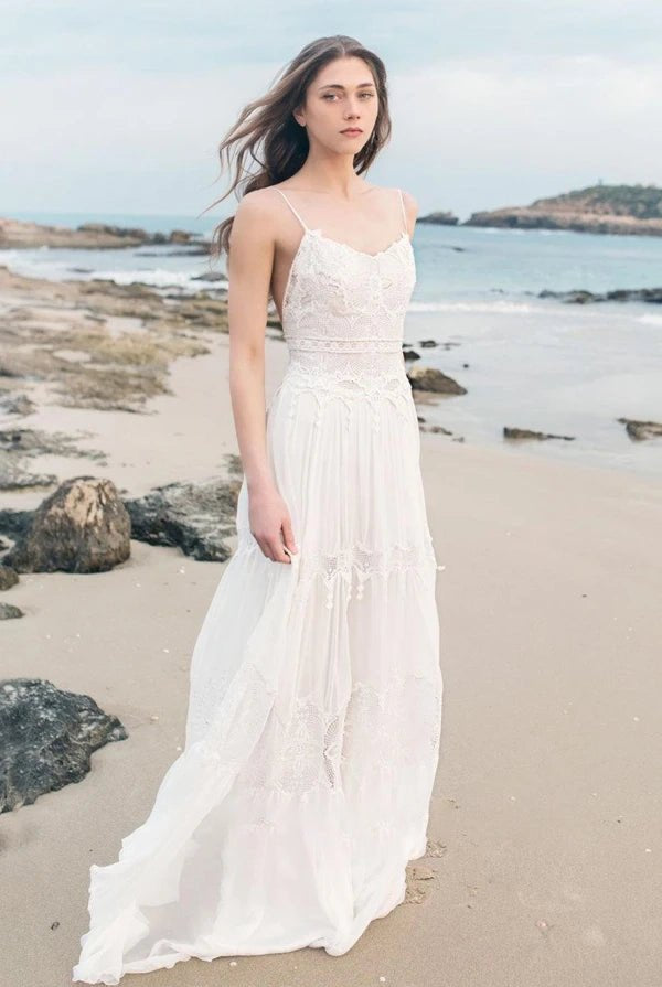 Spaghetti Sleeveless Chiffon Beach Boho Wedding Dress