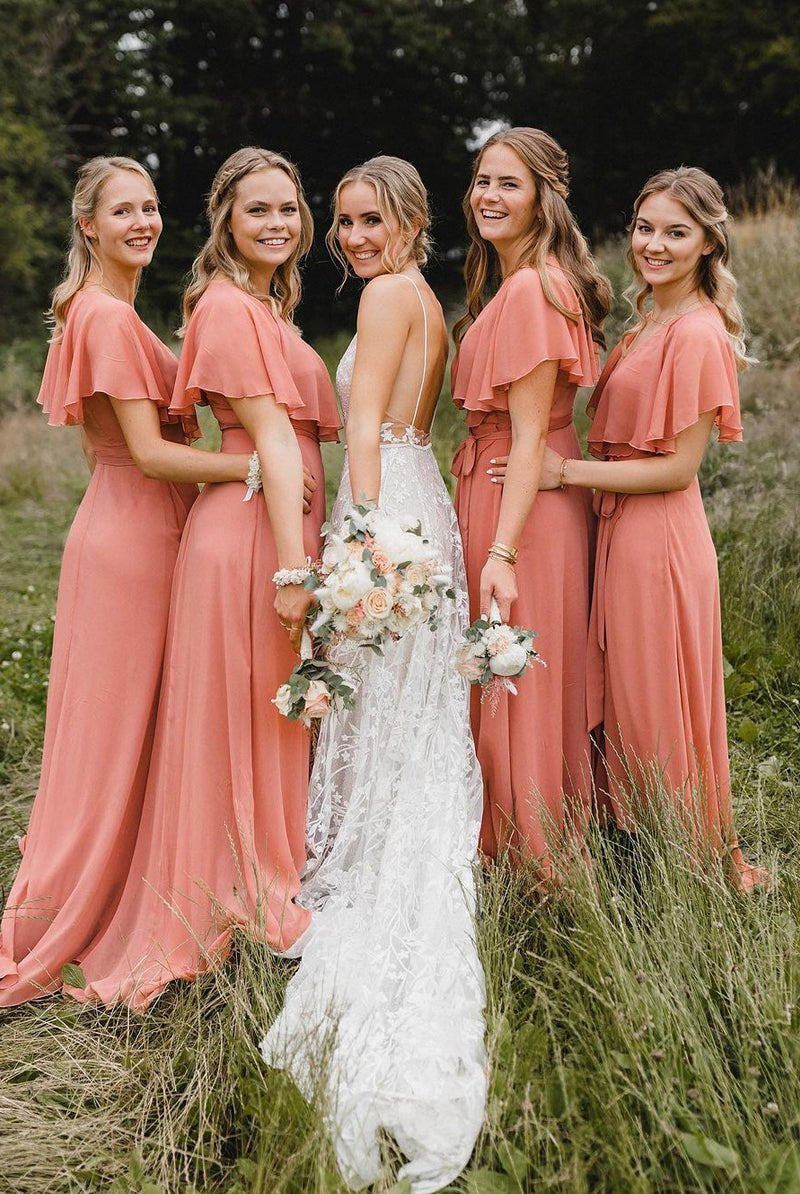 Simple A-Line Coral Chiffon Long Bridesmaid Dresses