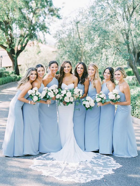 Charming A - Line Halter Sky Blue Chiffon Long Bridesmaid Dresses - KissProm