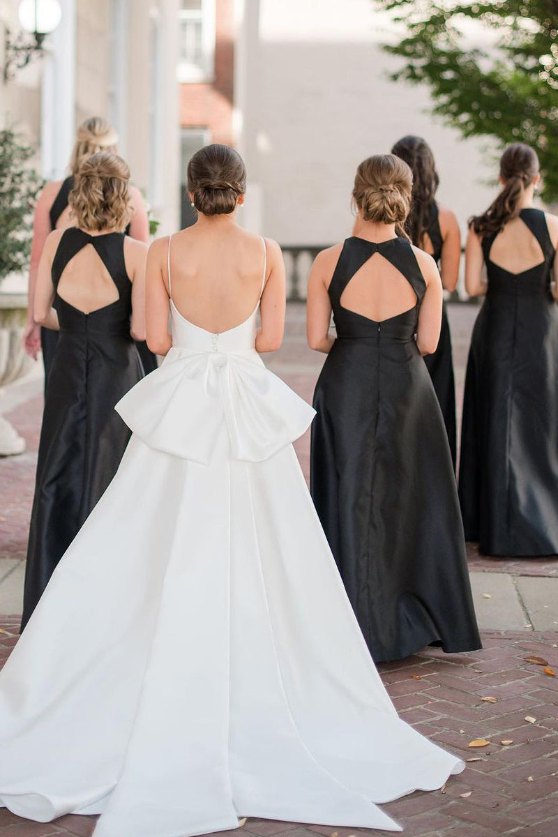 Simple A-Line Round Neck Black Satin Long Bridesmaid Dresses