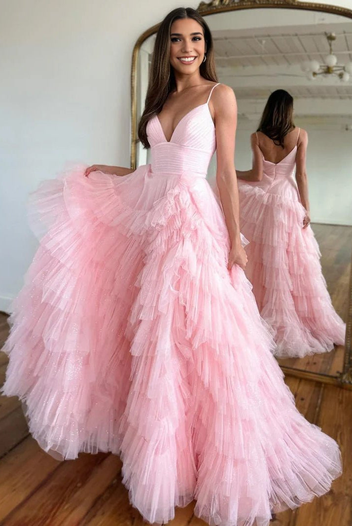 Alianna |A-Line Spaghetti Straps Tiered Tulle Prom Dress