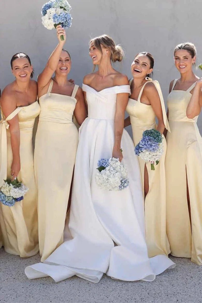 Sheath Straps Yellow Satin Long Bridesmaid Dresses with Slit, Navy Blue / 6 Sheath Straps Yellow Satin Long Bridesmaid Dresses with Slit, Navy Blue / 6