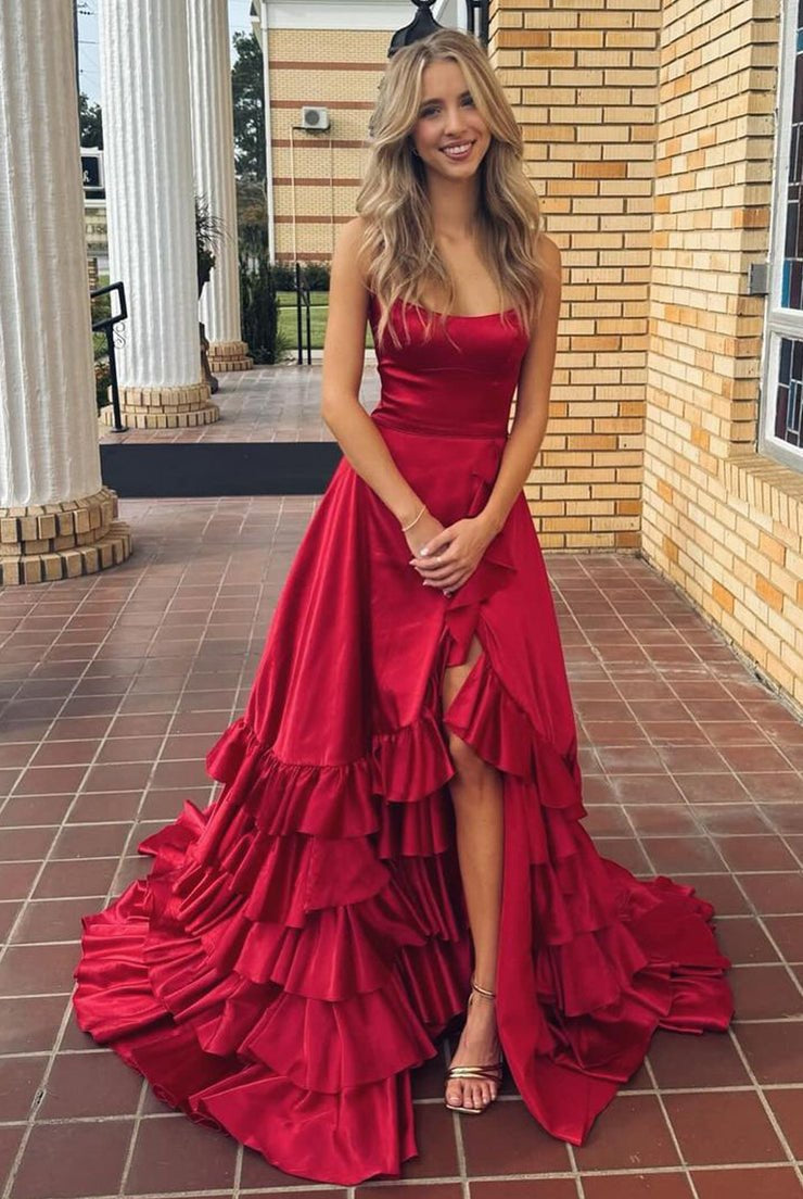 Aldrich | Scoop Neck A Line Lace-Up Ruffle Tiered Red Prom Dress with Slit