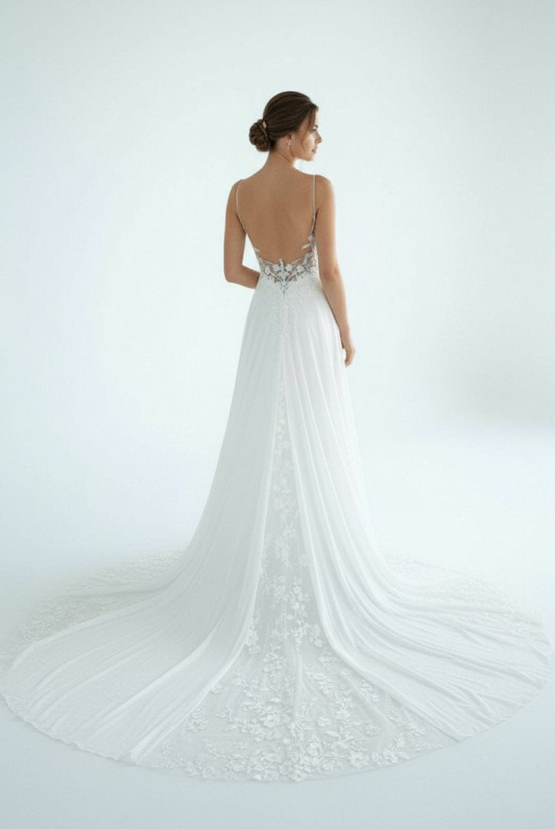 A - Line V Neck Chiffon Boho White Appliques Wedding Dresses - KissProm