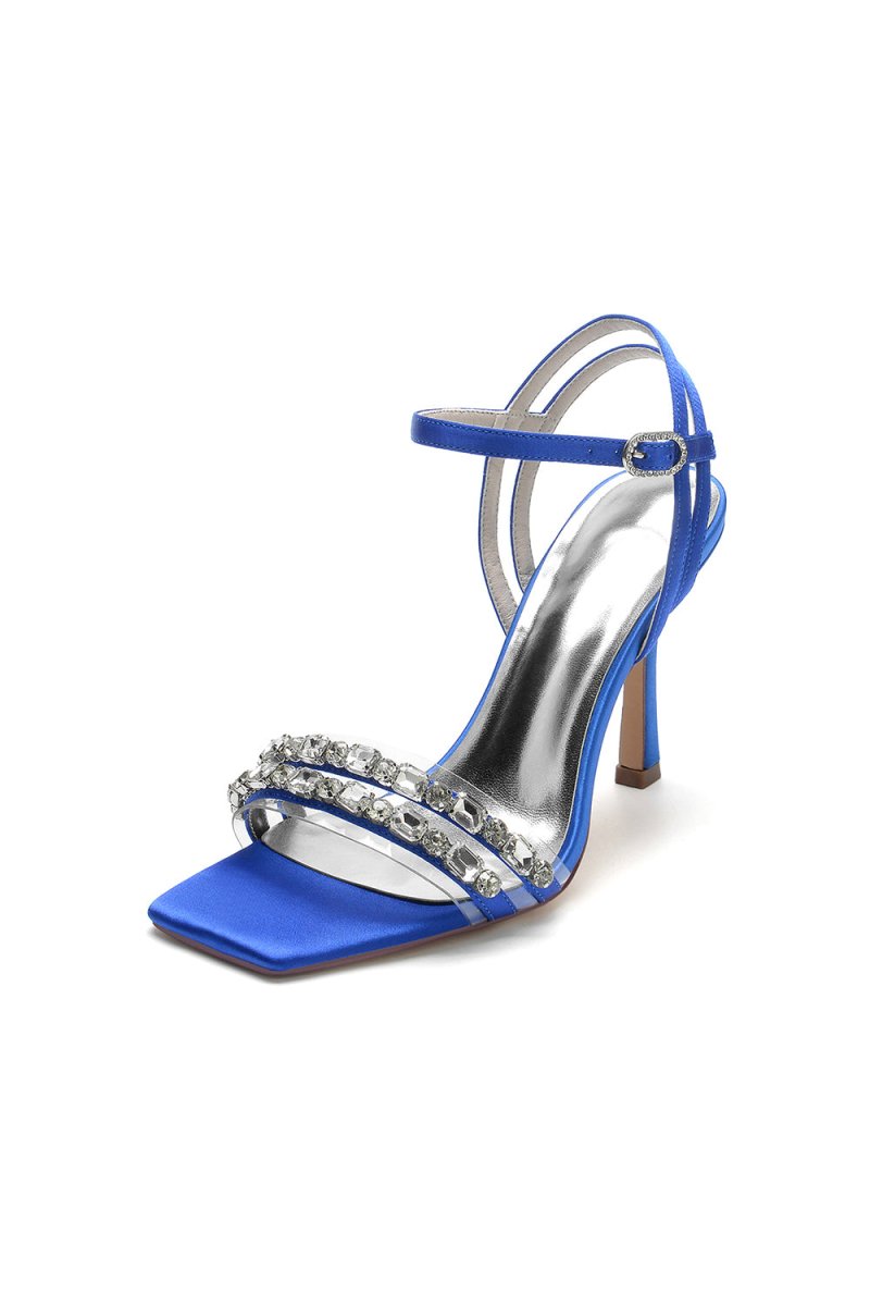 Royal Blue Satin Heels with Double Crystal Straps - KissProm