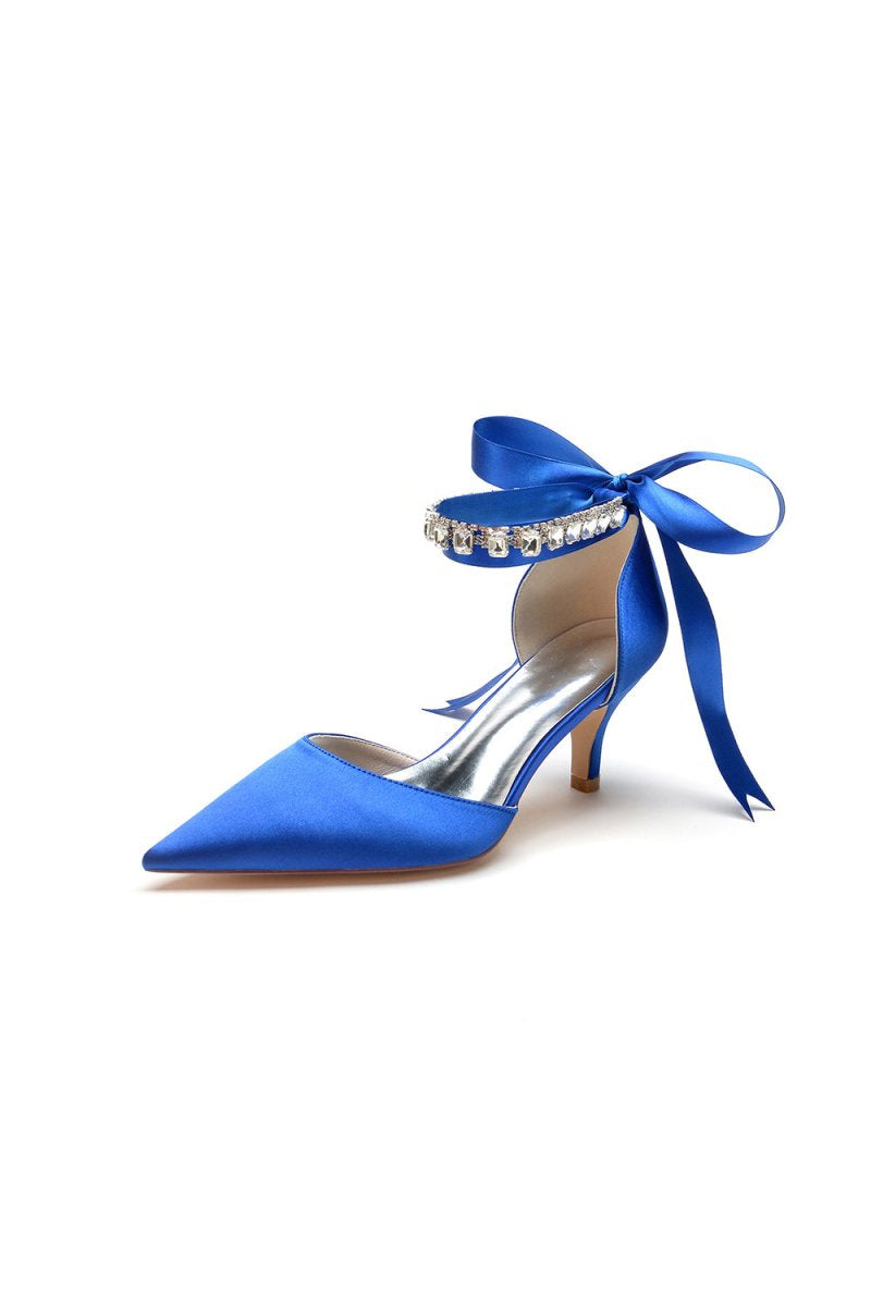 Pointed Toe Ribbons Kitten Heels With Diamond - KissProm
