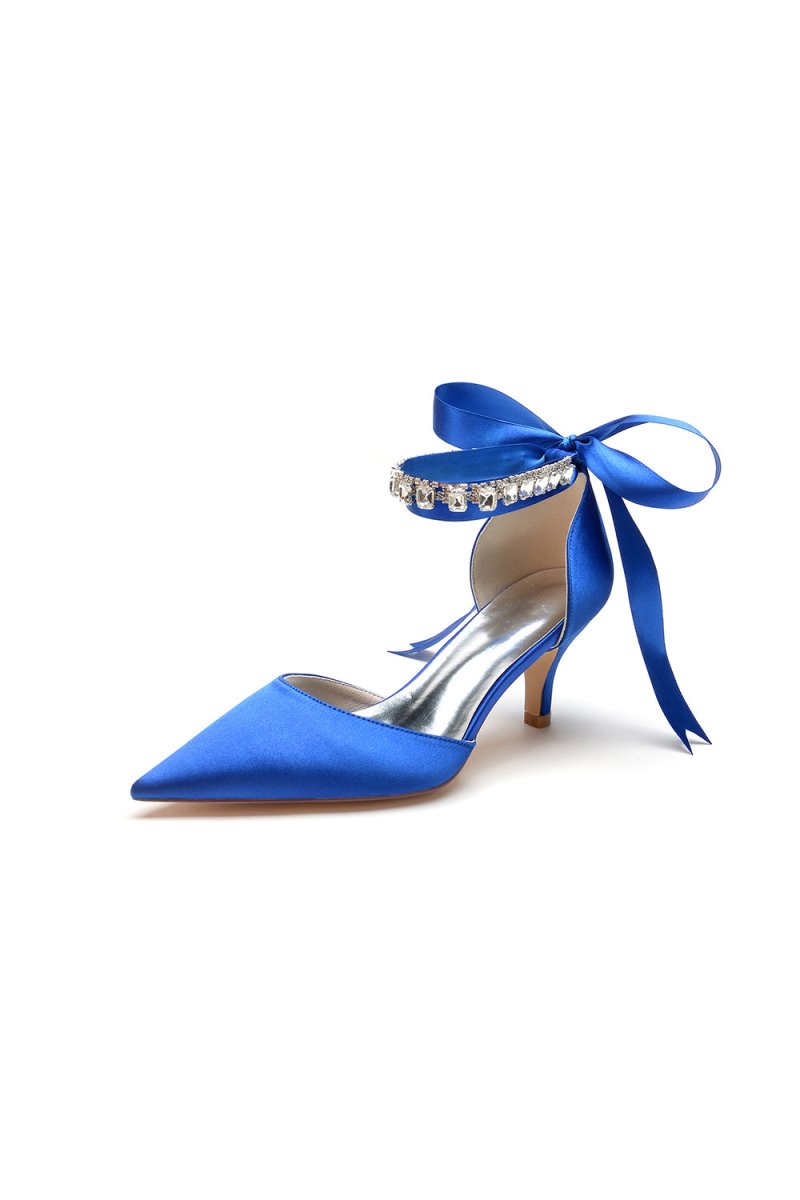 Pointed Toe Ribbons Kitten Heels With Diamond - KissProm