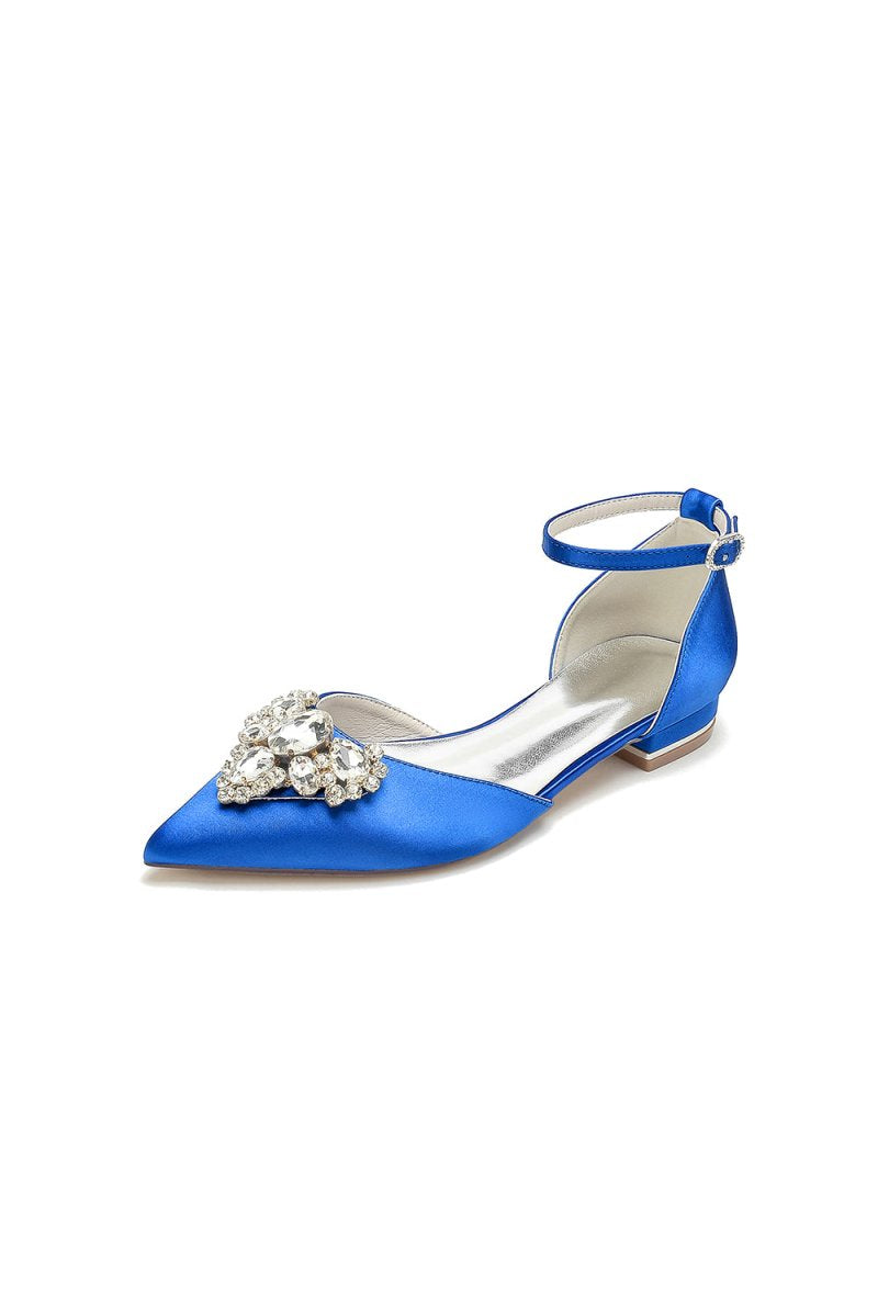 Satin Pointed Toe Ankle Strap Rhinestone Kitten Heels - KissProm