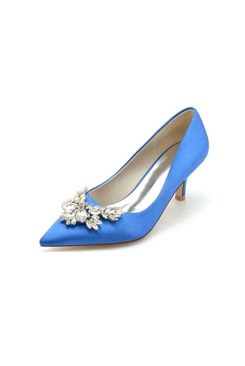 Rhinestone Pointed Toe Satin Kitten Heels - KissProm