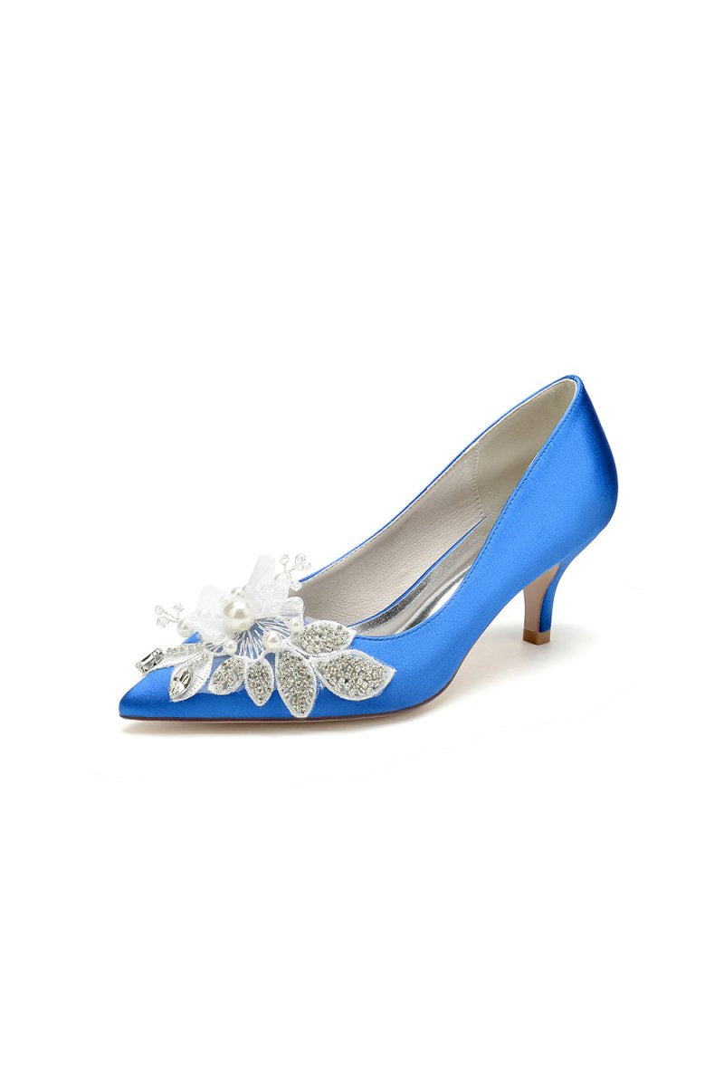 Floral Beading Pointed Toe Satin Kitten Heels - KissProm