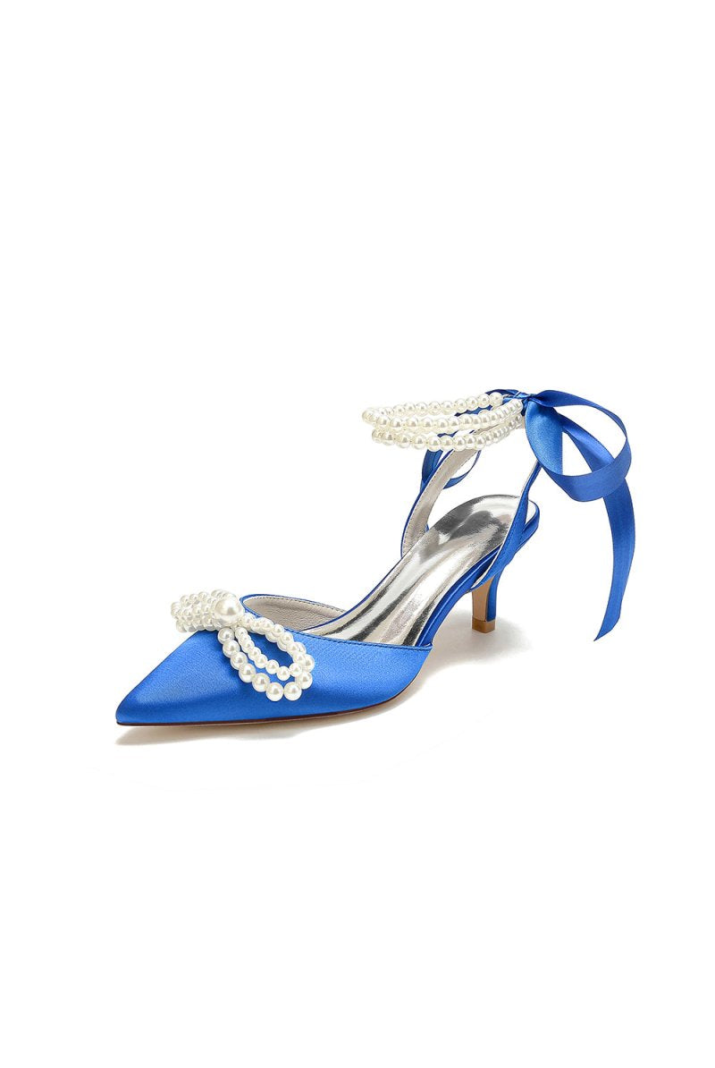 Pearl Ribbon Pointed Toe Ankle Strap High Heels - KissProm