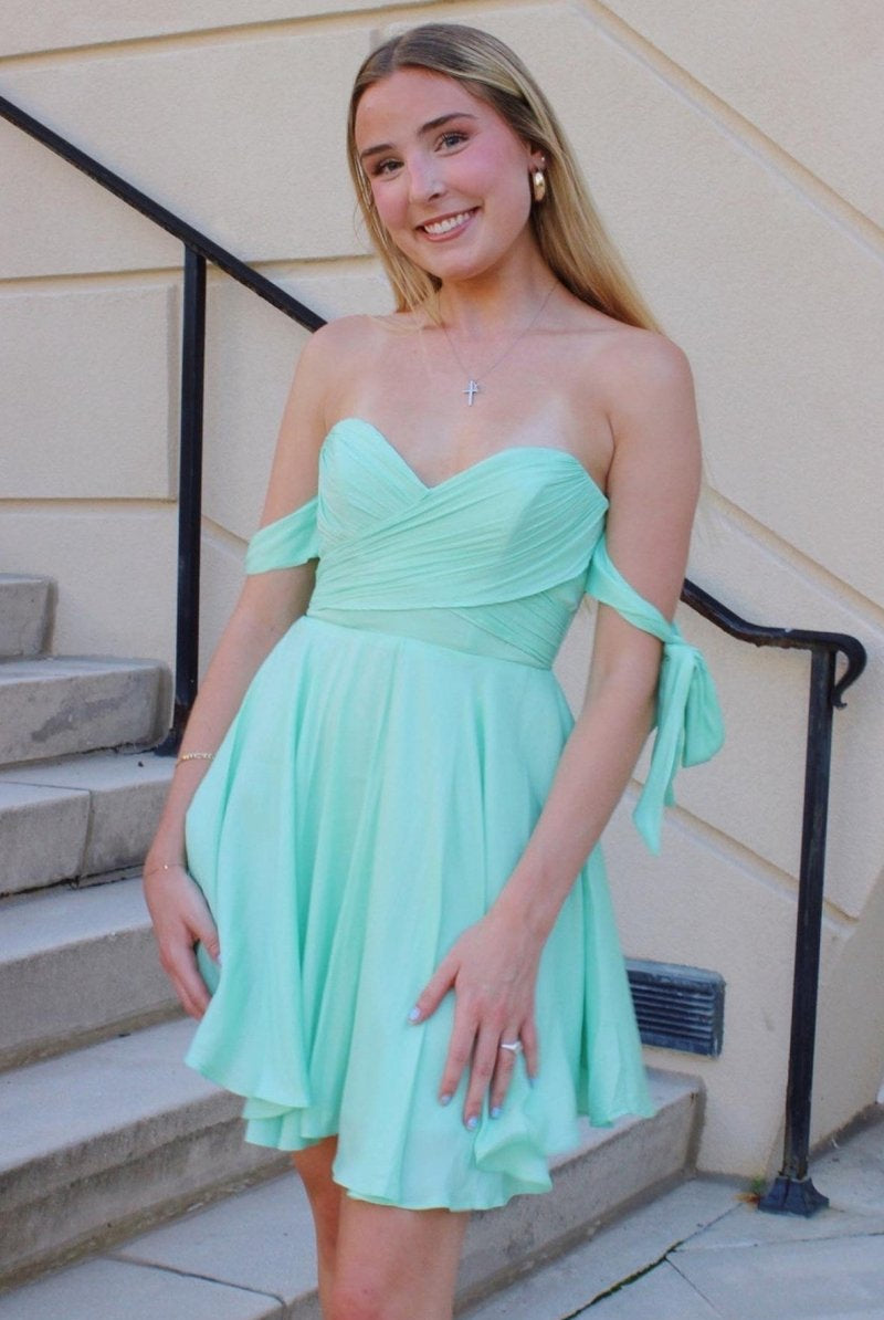 Courtney | Green Chiffon Off - the - Shoulder A - Line Short Homecoming Dress - KissProm