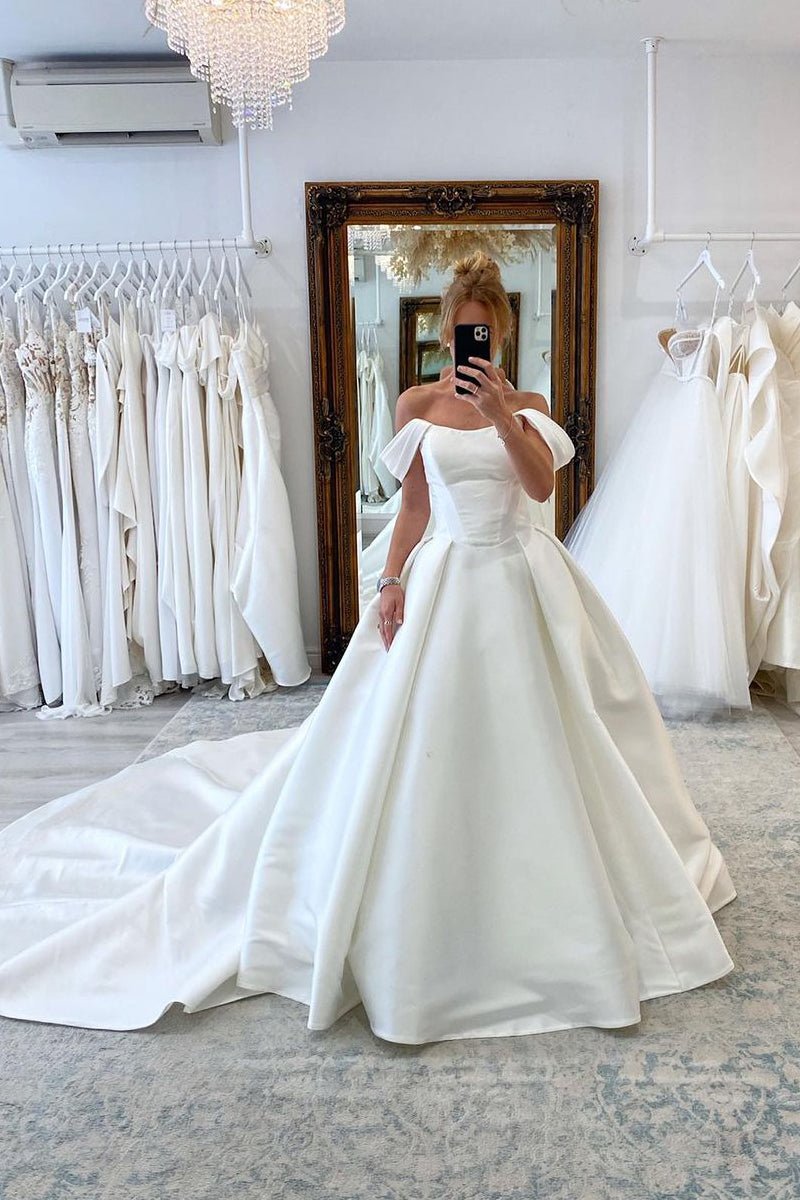 White Satin Long Prom Dress Off The Shoulder A Line Wedding Dress main image 1