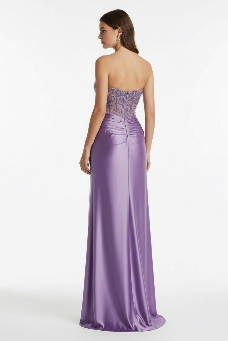 Eirene | Purple Sweetheart Mermaid Satin Long Prom Dress with Beading - KissProm