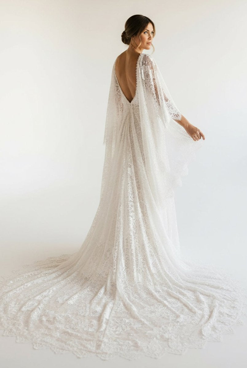 Anais | Ivory Long Sleeve Cape Lace Mermaid Wedding Dress with Appliques - KissProm